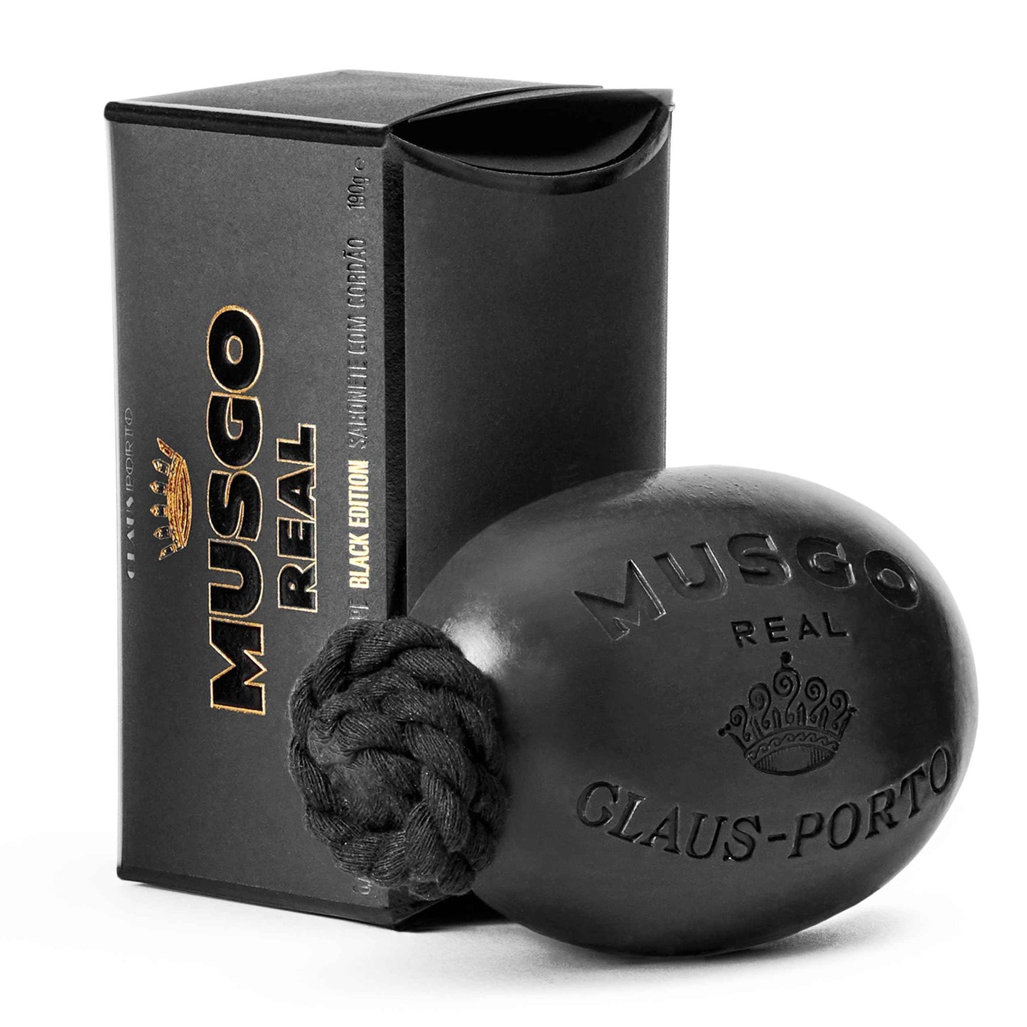 Claus Porto - Musgo Real Black Edition Soap on a Rope | Woody Scent with Lemon | Jojoba + Grape-Seed Oils | Rich, Smooth, Creamy for Men + Women | Handcrafted, Long Lasting (190g | 6.7 oz)