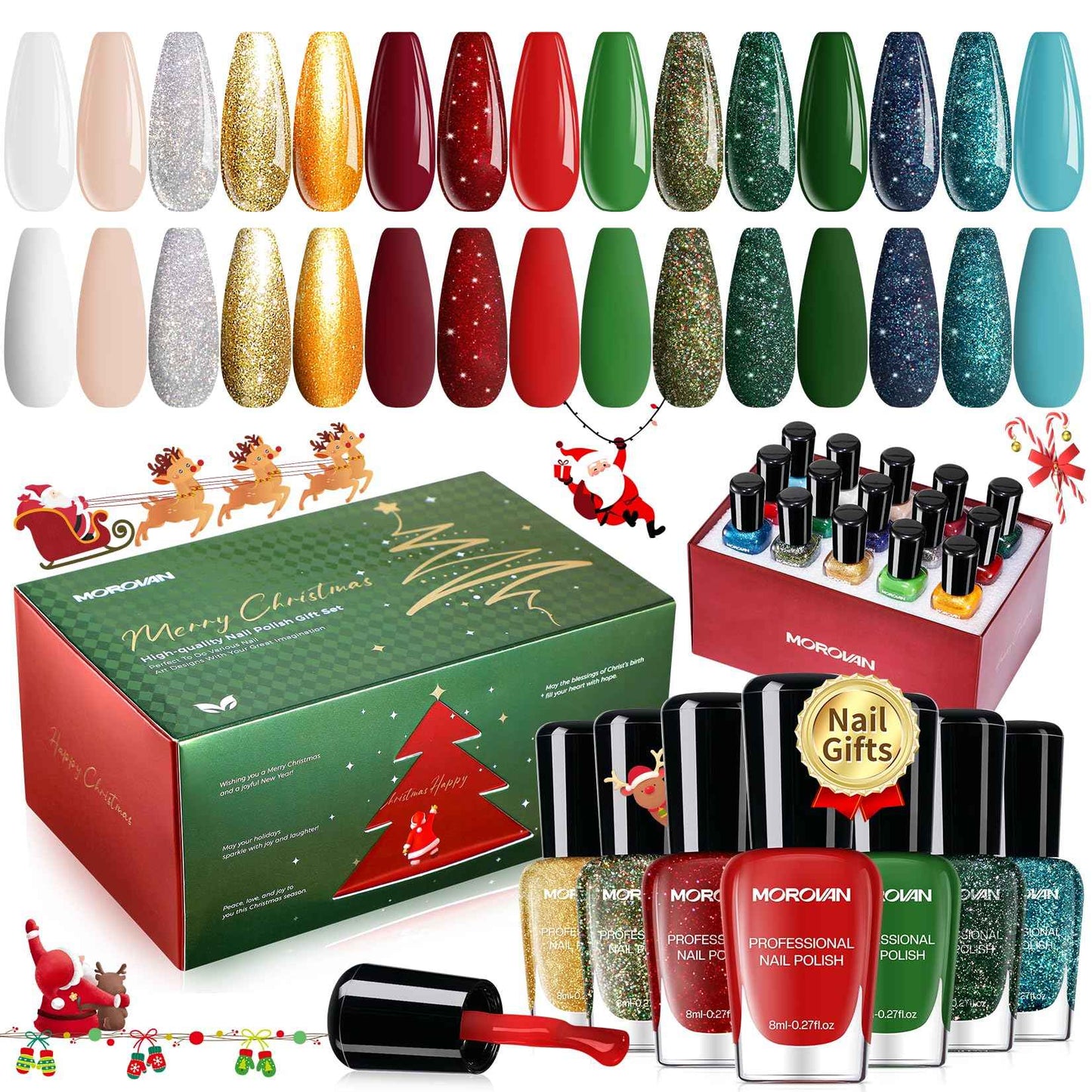 Morovan Christmas Nail Polish Set: 2025 Glitter Gifts Ideas Red Green Gold Silver Fingernail Polish Kit Winter Quick Dry Regular Nail Polish Pack Manicure for Women Girls Holiday Party