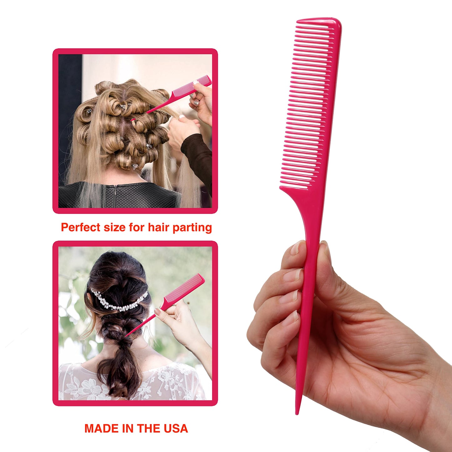 Allegro Combs 61 XL Rat Tail Combs Wide Tooth Comb Detangling Hair Styling Coarse Hair Foiling Thick Back Parting Combs Hairstylist Combs For Women Made In USA 3 Pc. (Pink)