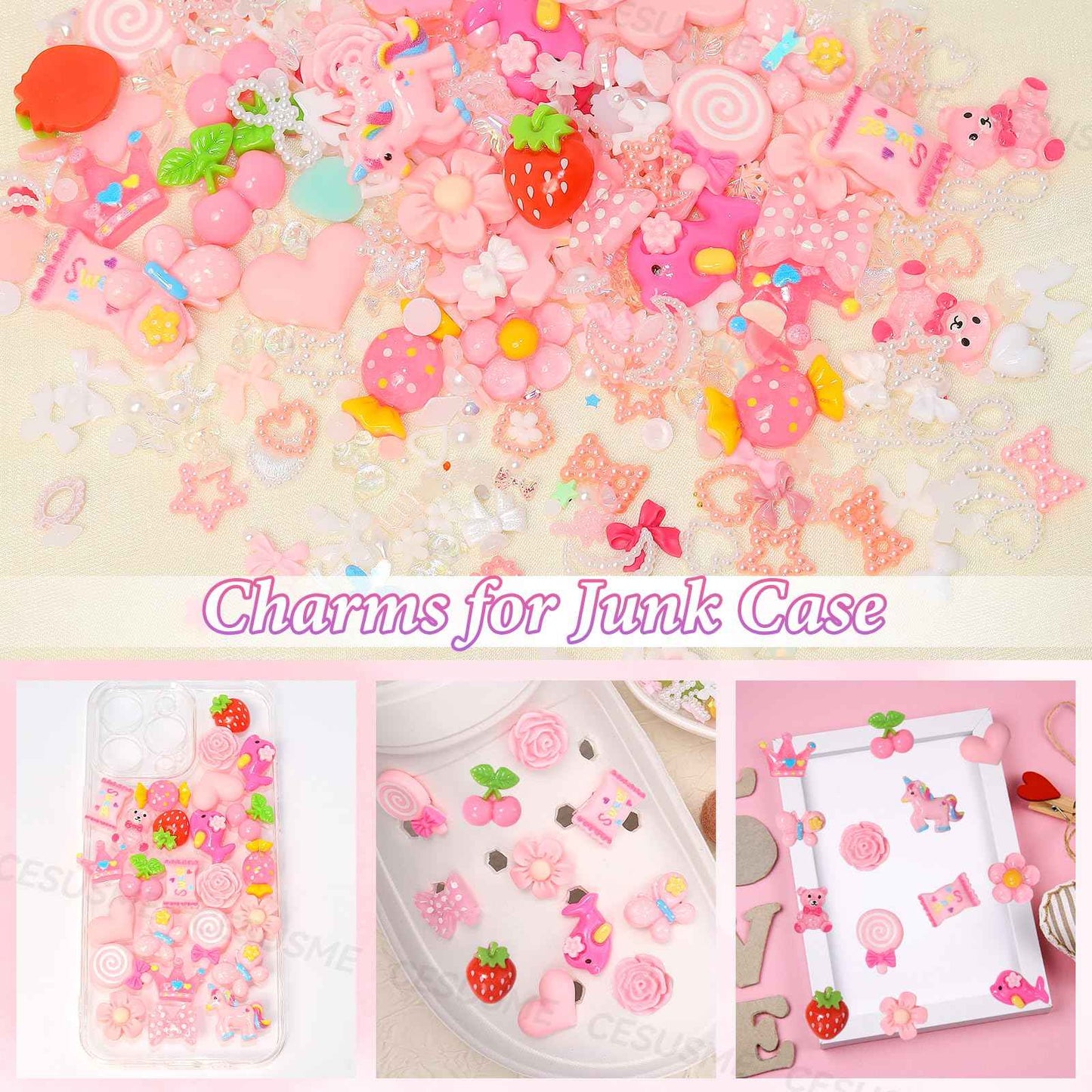 330 Pcs Junk Case Charm Kit, Bear Candy Cartoon Junk Phone Case Charm, Pink White Moon Star Pearls for Junk Cases, Flatback Resin Slime Charms for Nail Art Supplies Craft DIY