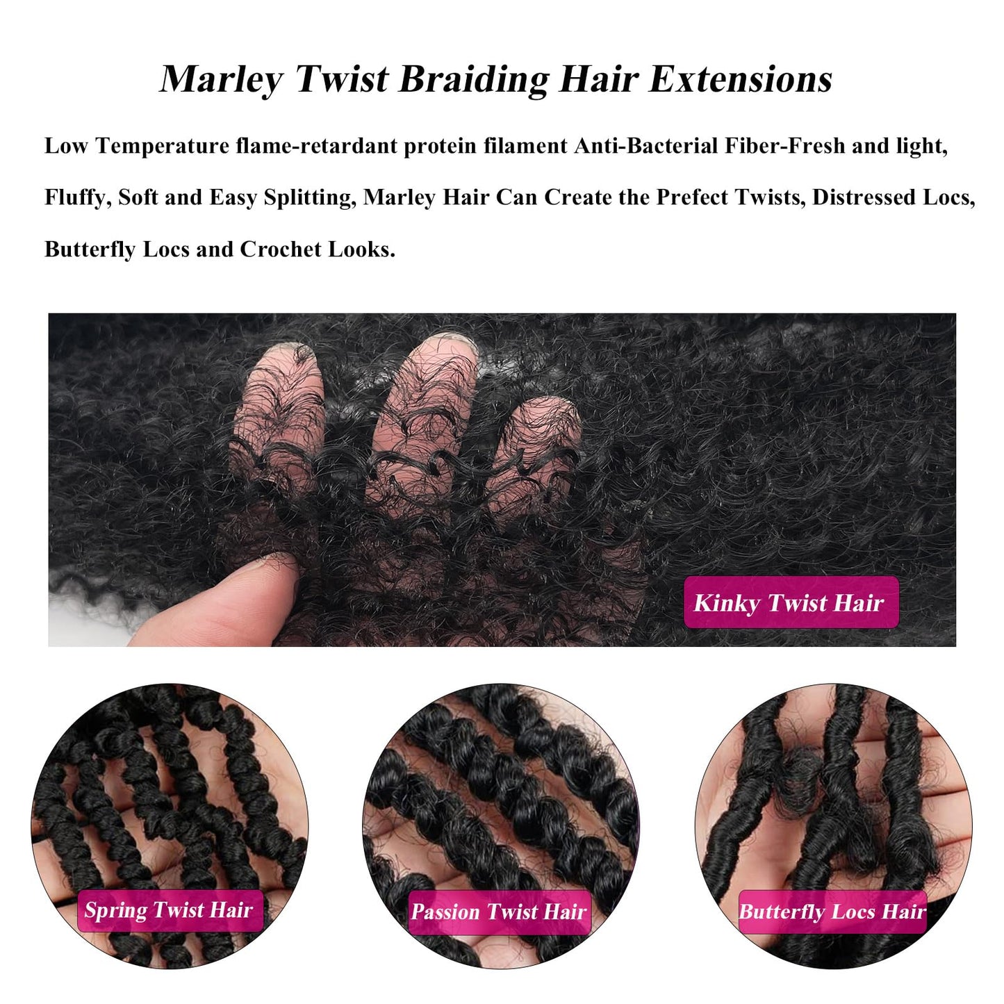 Marley Twist Braiding Hair Cuban Twist Marley Hair 24 Inch 3 Pack Springy Afro Kinky Twist Braiding Hair for Soft Faux Locs Pre Fluffed Stretched Spring Twist Hair Black Jamaican Twist Braid Hair