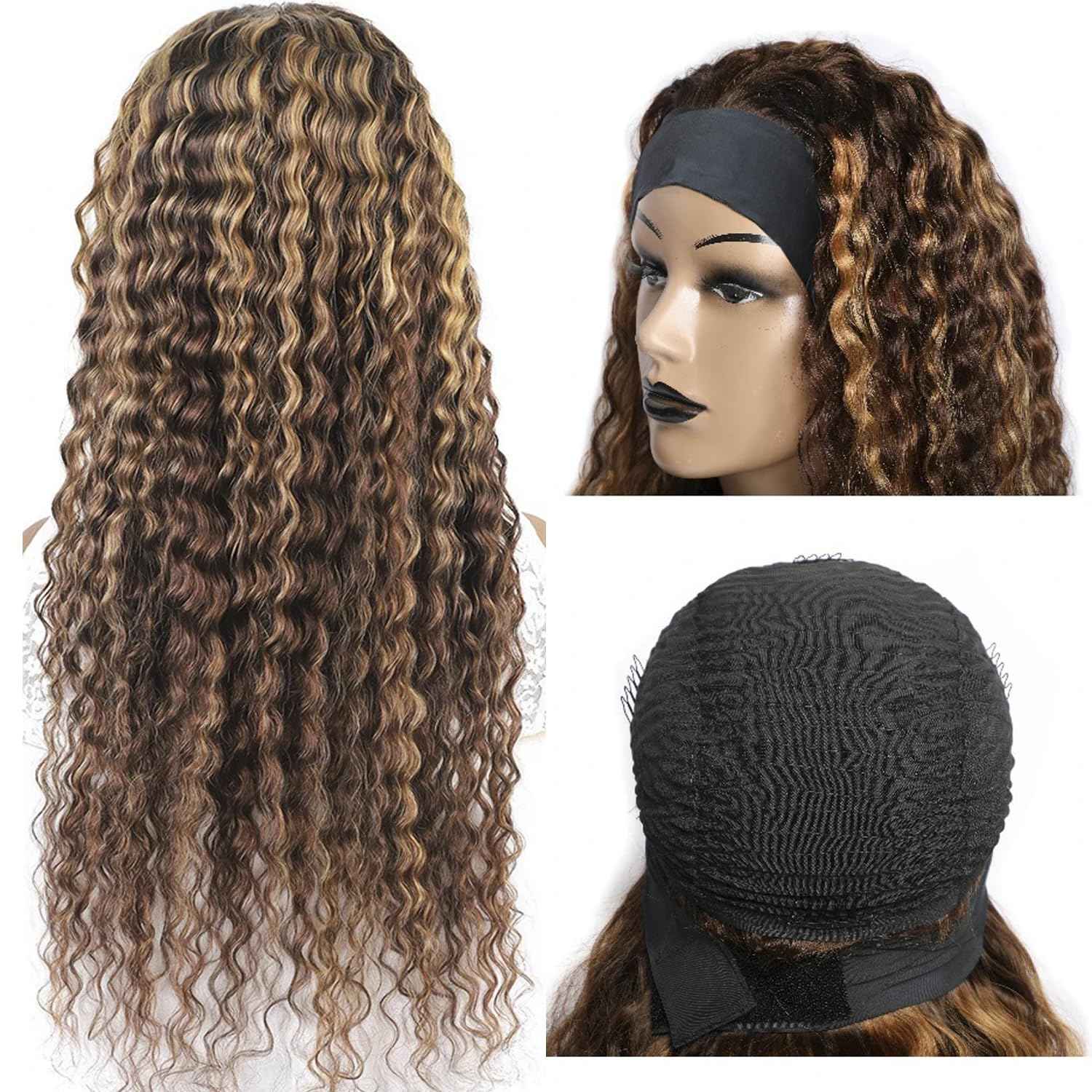 Brazilian Human Hair Headband Wig - Deep Wave, Highlight, Curly, Glueless (14 inch, 4/27 Highlight)