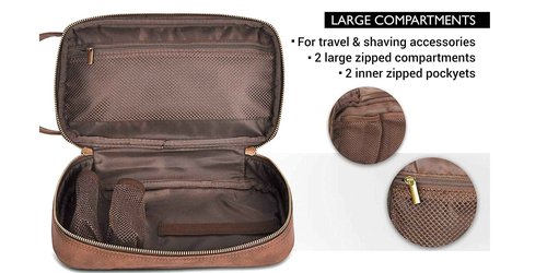 Vetell Classic Leather Men's Travel Toiletry Bag and Dopp Kit with Upper and Lower Zippered Compartments, 2 Mesh Bottle Pouches and Carrying Handle