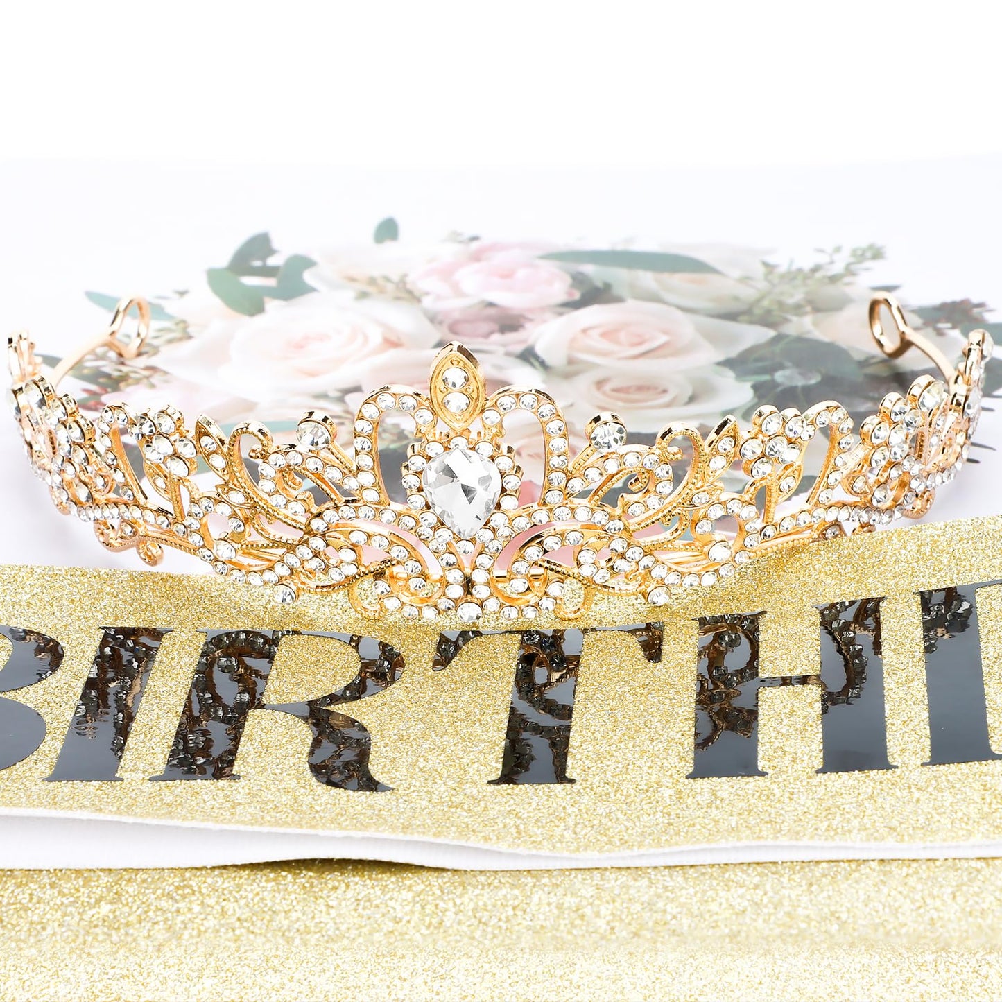 CIEHER Crystal Gold Crown + Birthday Queen Sash + Pearl Pin Set, Gold Birthday Decorations for Women Girls, Great Birthday Gifts Happy Birthday Party Supplies Birthday Crown Birthday Sash for Women