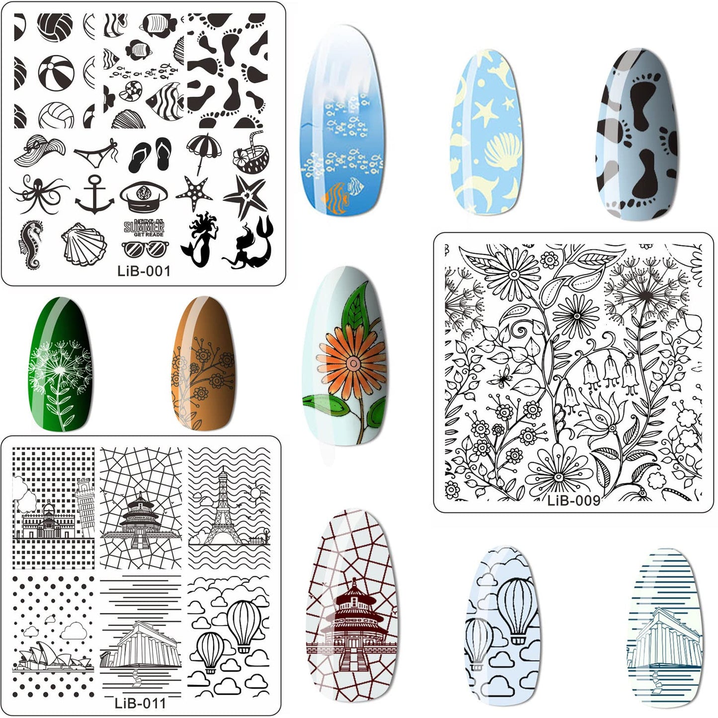 LiBiuty Nail Art Stamping Plate Kit, 12PCS Stamp Stencil Plates with Different Image Flower Leaves Animal Lace Pattern, 1 Silicone Double Sided Clear Stamper, 1 Scraper, 1 Template Storage Bag