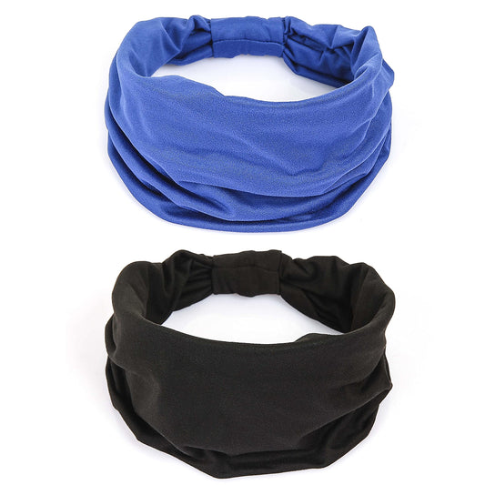 GILI 2 Pack Wide Headbands for Women Boho African Knotted Non Slip Fashion Hair Bands Yoga Running Sports Workout Gym Head Wraps Elastic Soft Cotton Cloth Turbans Bandana for Girls(Black, Blue)