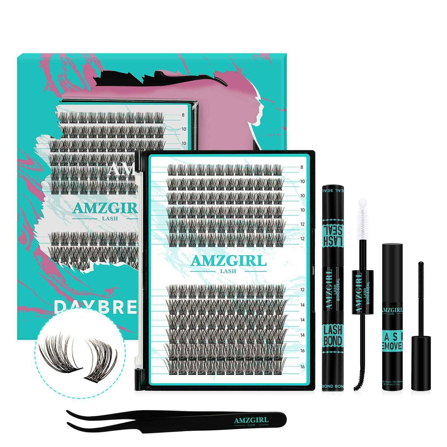 Lash Extension Kit Daybreak Lash Clusters kit Lash Bond and Seal Eyelash Remover and Lash Applicator for Diy Lash Extension Kit at Home by AMZGlRL(Daybreak,D-Mix8-16mm kit)