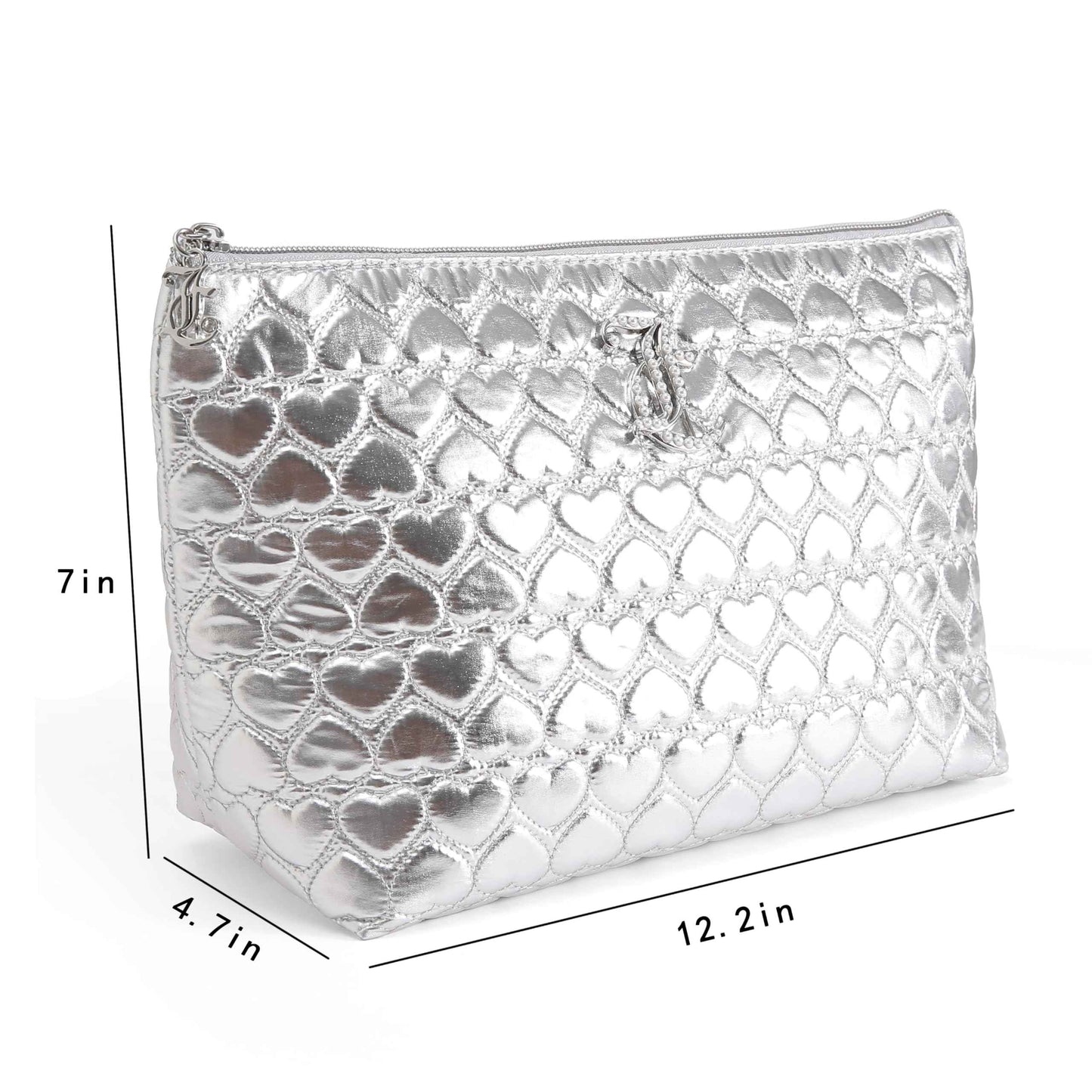 Juicy Couture Silver Makeup Bag Cosmetics Organizer Travel Essentials Top Zip Pouch Shiny Quilted Heart