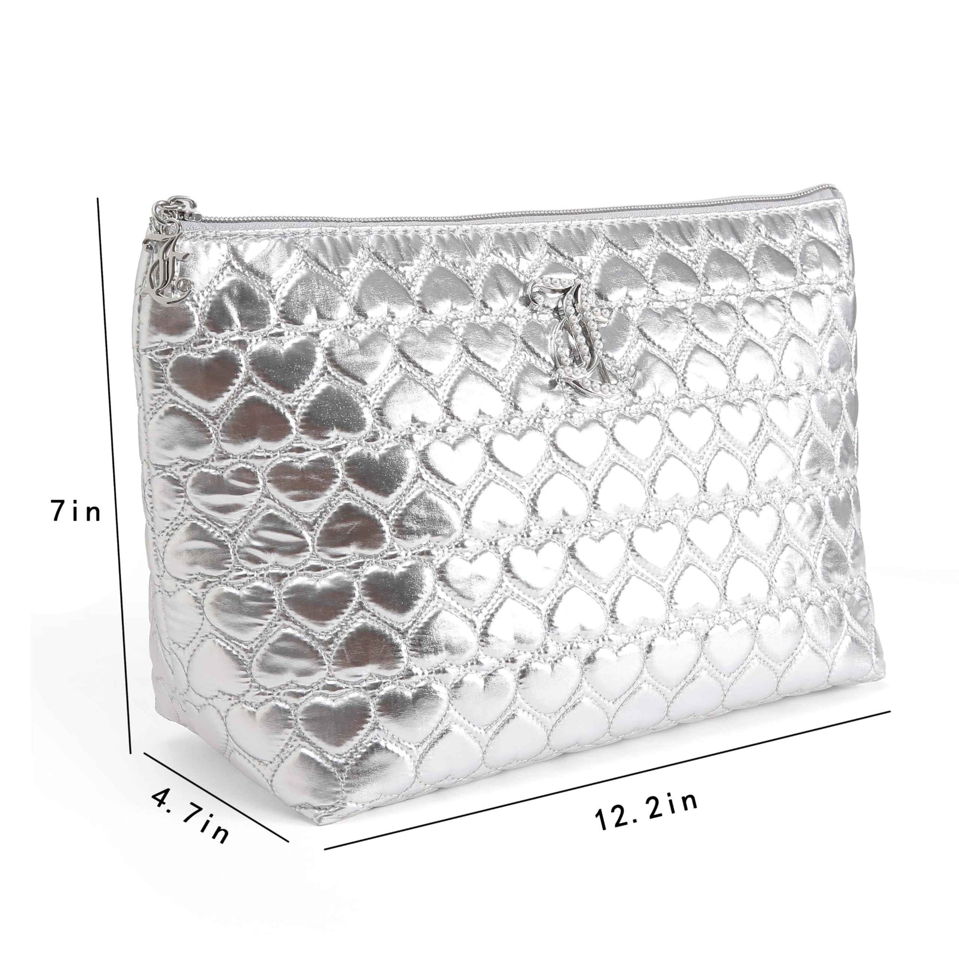 Juicy Couture Silver Makeup Bag Cosmetics Organizer Travel Essentials Top Zip Pouch Shiny Quilted Heart
