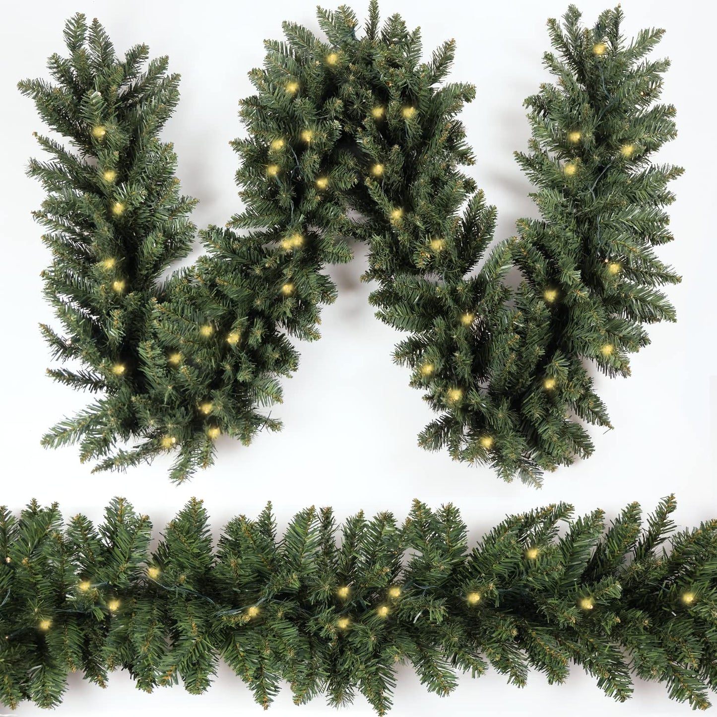 HomeKaren Christmas Garland 9ft with 50 Led, 320 Tips Prelit Fraser Fir Xmas Garland with 50 LED Lights, Lush and Classics Green Style for Indoor Outdoor Home Decoration