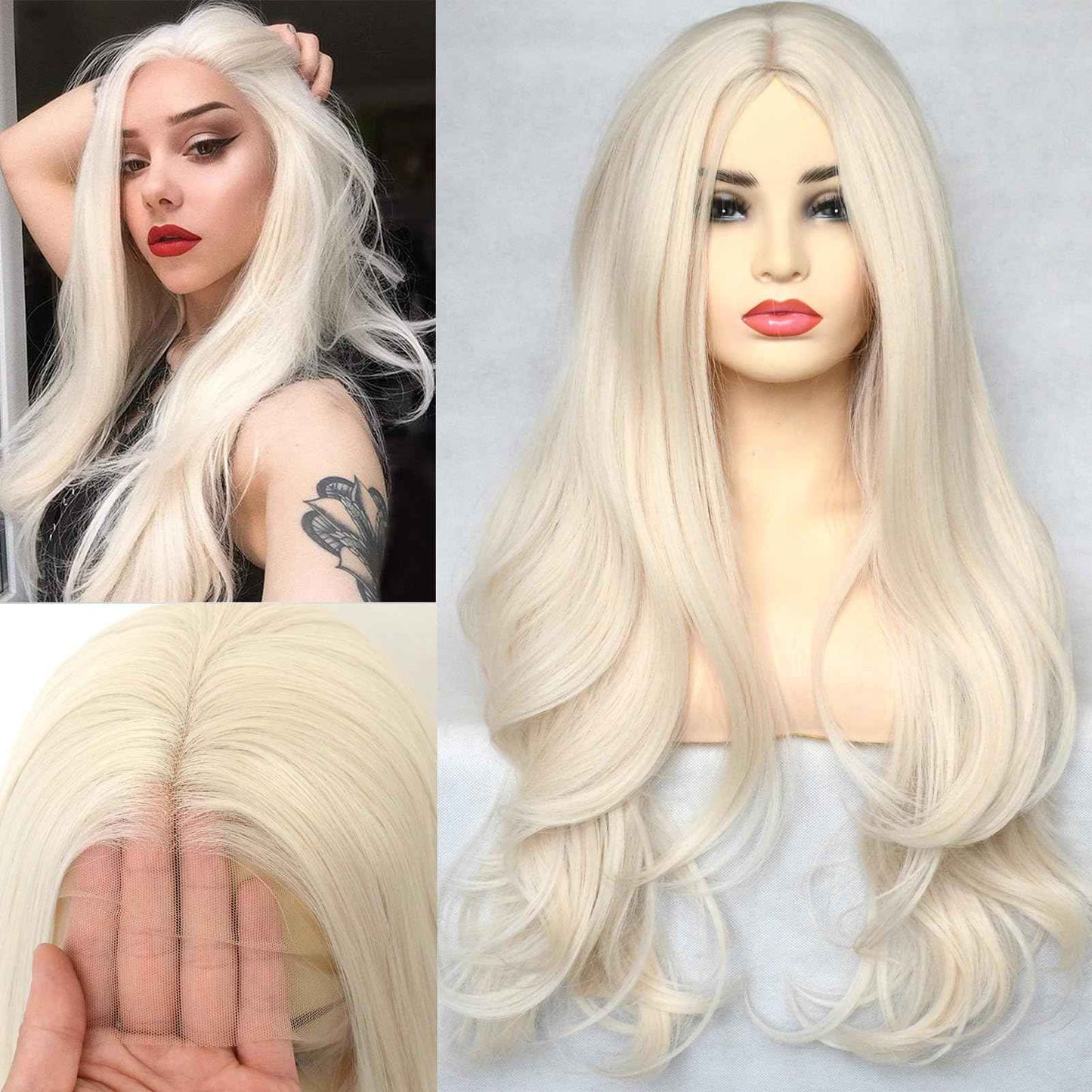 BLUPLE Platinum Blonde 13x3.5 Lace Front Wig Long Natural Wavy 60# Blonde Heat Resistant Synthetic Hair Replacement Full Wigs Middle Part for Women 22 Inch