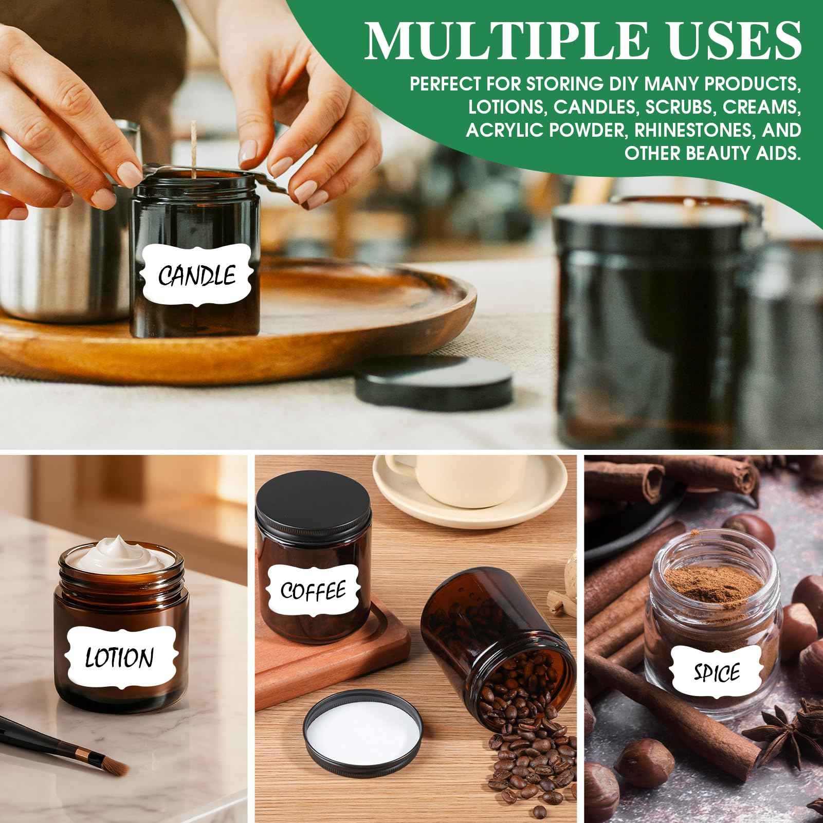 4 oz Glass Jars with Lids, 4 Pack Amber Small Glass Jars with Black Lids Leakproof Airtight Empty Cosmetic Travel Containers with Inner Liners For Lotions Body Scrub, Candle Making