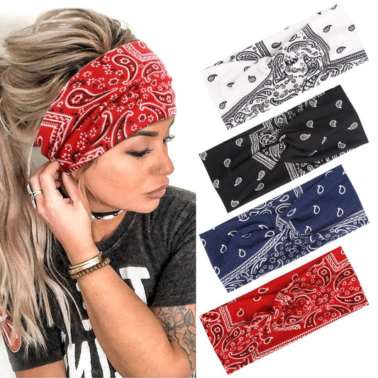 AKTVSHOW Headbands for Women Knotted Headband Elastic Head Bands Women's Hair Band Non-Slip Turban Printed Stylish Sport Sweat Hair Wrap for Girls Cute Hair Accessories 4PCS