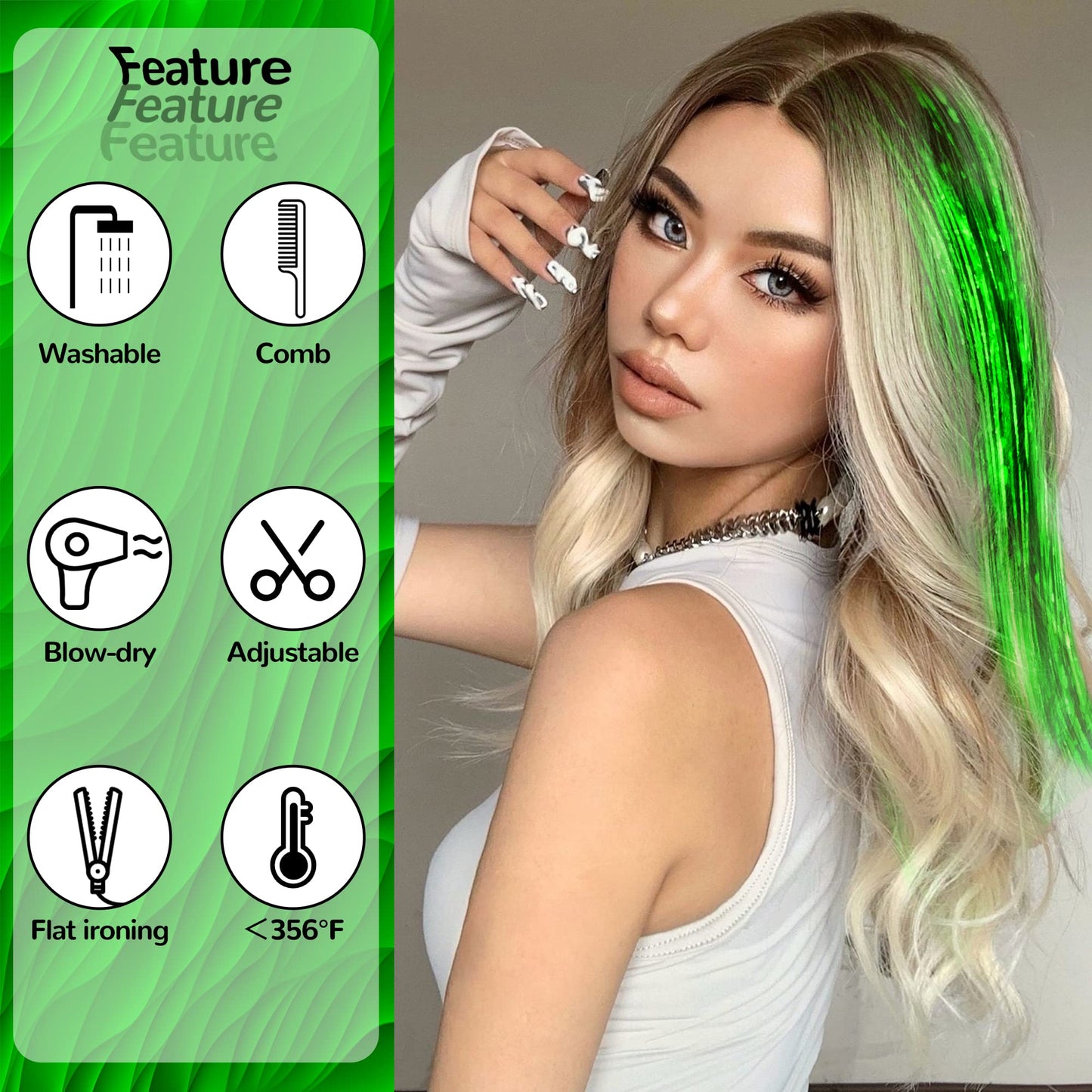 Hair Tinsel Kit with 47INCH 1200 Strands Heat Resistant Glitter Tinsel Hair Extension, Sparkling Shinny Fairy Hair Accessories for Women Girls Kids Festival Party Dazzle (Brilliant green)