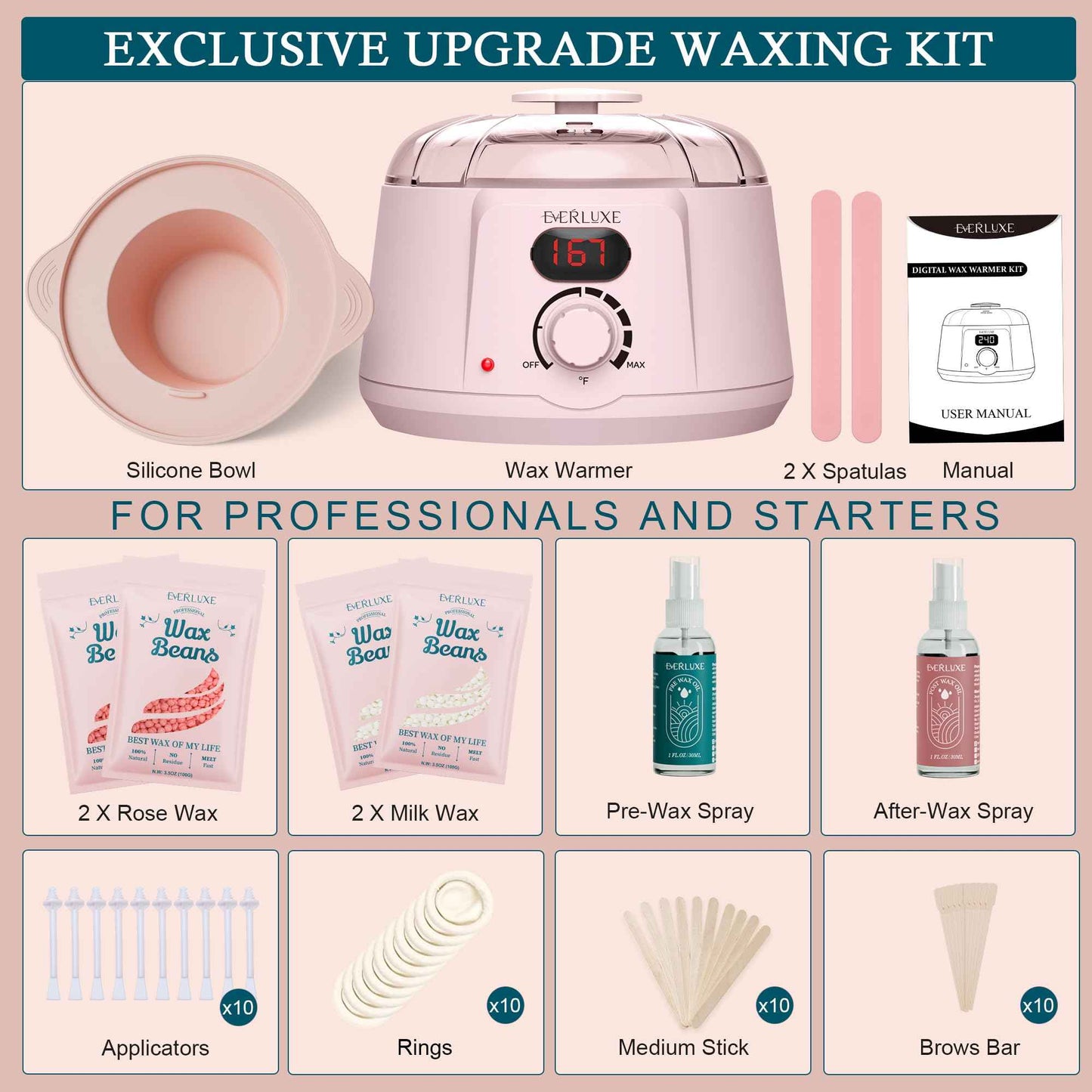 EVERLUXE Waxing Kit for Women Hair Removal with Silicone Wax Warmer Liner, Digital Waxing Machine Hard Wax Kit for Full Body, Arms, Legs, Face, Bikini, Brazilian Wax Kit for Women Men Sensitive Skin