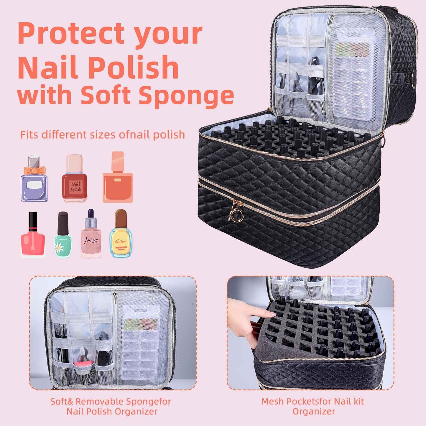 Nail Polish Organizer Case,3 Layers Nail Organizers and Storage With Detachable Holds 84 Bottles Nail Polish & Nail Lamp Large Nail Polish Organizer Bag ,for Manicure Tools, Nail Polish Kit (Black)