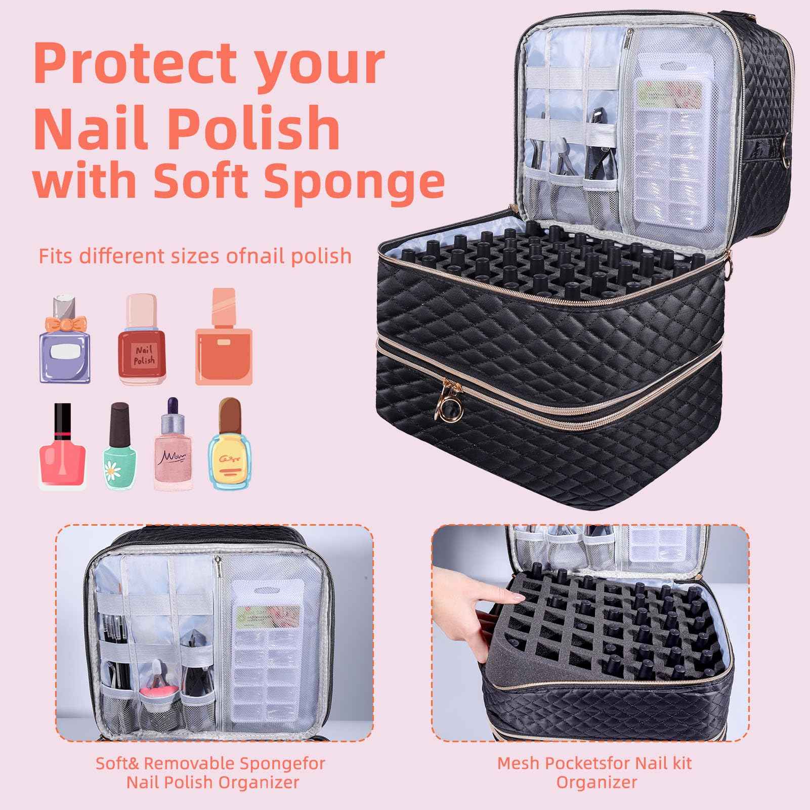 Nail Polish Organizer Case,3 Layers Nail Organizers and Storage With Detachable Holds 84 Bottles Nail Polish & Nail Lamp Large Nail Polish Organizer Bag ,for Manicure Tools, Nail Polish Kit (Black)