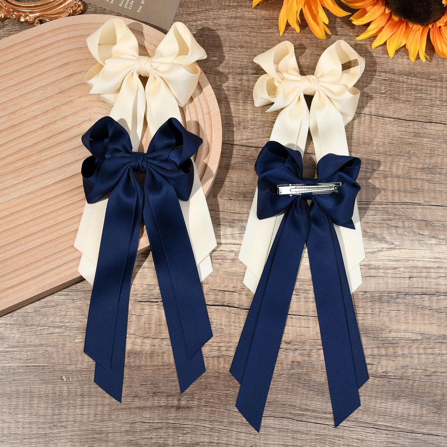 Aileam 4PCS Hair Bow Clips for Women Hair Accessories Beige Blue Silky Satin Ribbon with Metal Clips for Girls Toddlers Teens Kids