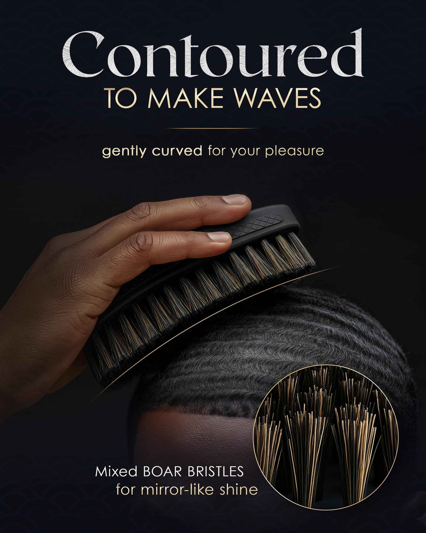 Crown Quality Products 360 Sport Wave Caesar 2.0 Boar Bristle Hairbrush, Medium, Triple Black - Non-Slip Grip, Waterproof Design - The Ultimate 360 Wave Brush