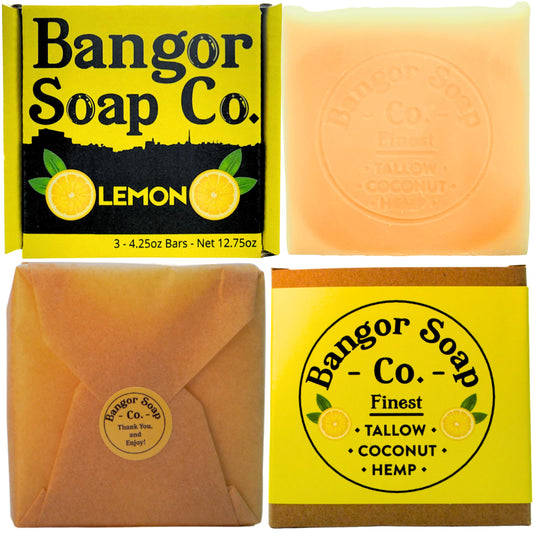 Bangor Soap Co.'s FRESH LEMON Pure, Natural Soap Bars, The FINEST Tallow, Coconut, and Hemp, NOTHING Artificial, NOTHING Superficial for A Smooth, Nourishing Lather (3-Pack)