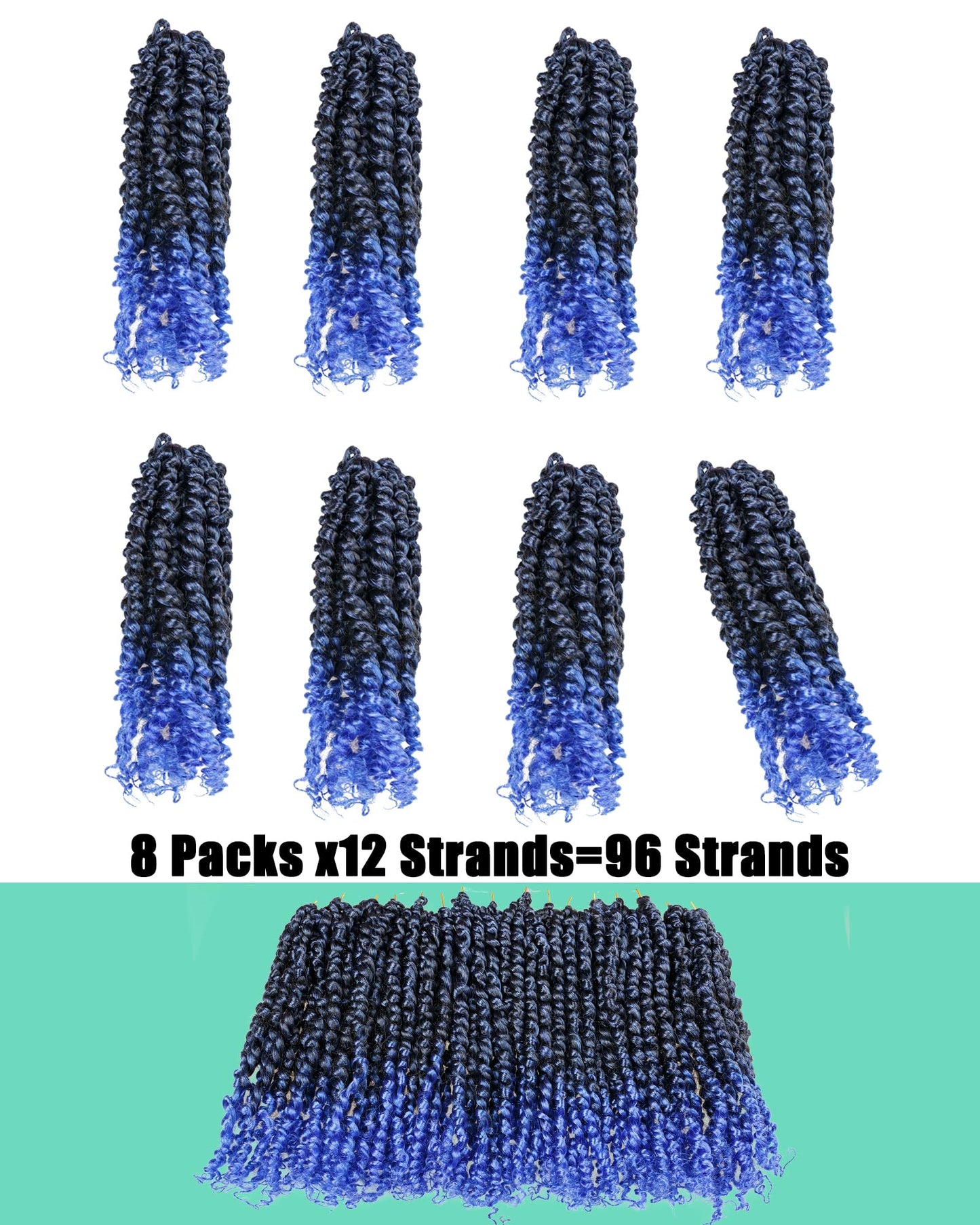 Pre Looped Pretwisted 10 Inches 8 Packs Passion Twist Crochet Hair for Black Women-Omber Blue,Soft Lightweight Hair Extension(10"-8 Packs,T1B/Blue)