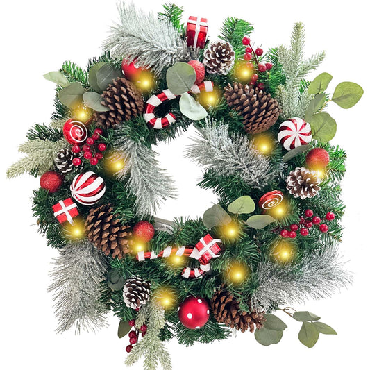 WANNA-CUL Pre-Lit 24 Inch Lighted Christmas Wreath for Front Door Red White Christmas Door Wreath Decoration with Ball Ornaments, Candy Canes,Eucalyptus Leaves, Battery Operated 30 LED Lights