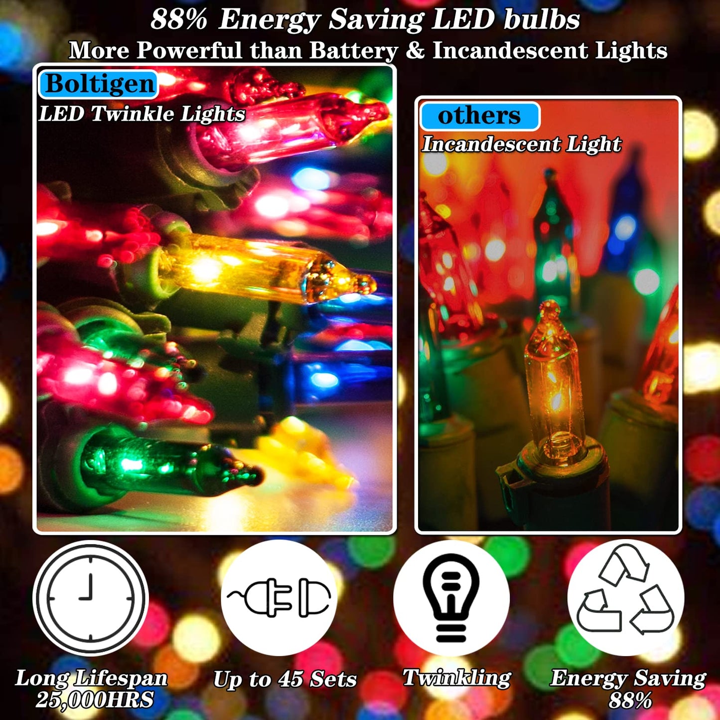 60 LED Multicolor Twinkling Christmas String Lights Plug in, 17 of 60 Lights Twinkle,Connect up to 45 Sets,UL Certified 22 Ft Mini Twinkle Christmas Tree Lights,Indoor Outdoor Use