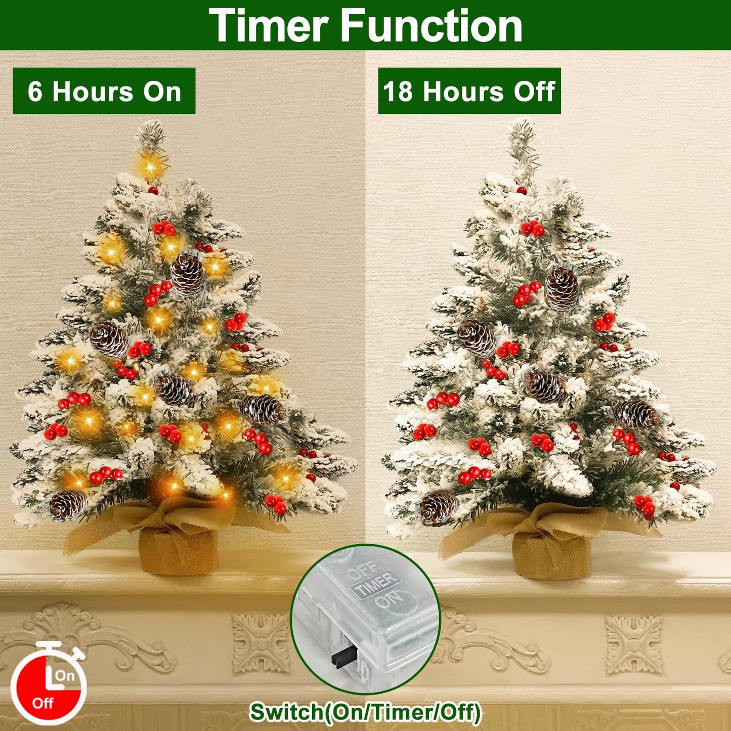 TURNMEON 20 Inch Flocked Christmas Tree with 35 Lights Timer, Tabletop Christmas Tree Battery Operated Warm Lights 30 Red Berries 5 Pine Cones Burlap Base Small Christmas Tree Xmas Decor Indoor Home