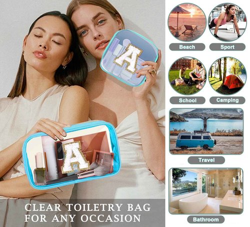 2pcs Personalized Initial Letter Clear Makeup Bag | Waterproof Nylon Preppy Cosmetic Bag | Travel Toiletry Bag | Monogrammed Gifts for Women Girl | Wedding Bridal Shower Gifts for Bridesmaids(Blue E)
