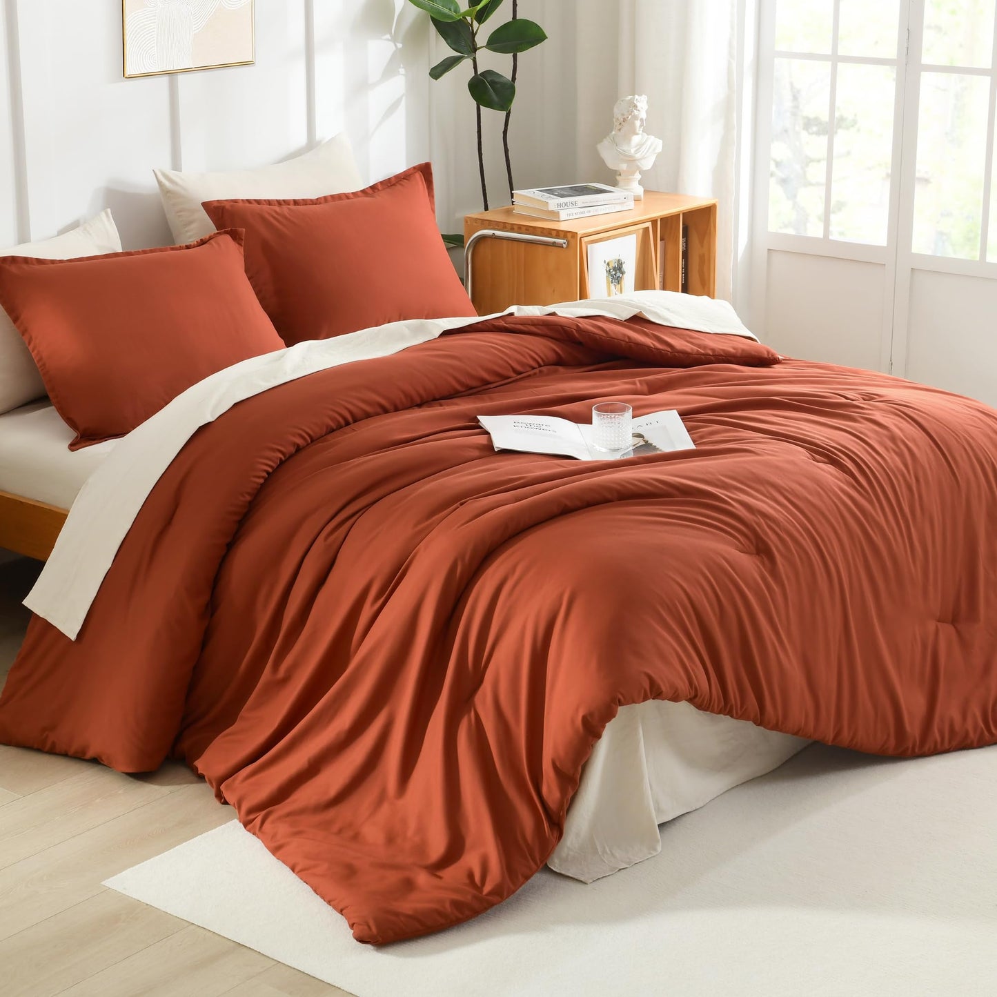 Litanika Burnt Orange Twin/Twin XL Comforter Set, 2 Pieces Solid Terracotta Lightweight Bedding Comforter Set, Rust Fluffy Quilted Blanket Set (66x90In Comforter & 1 Pillowcase)