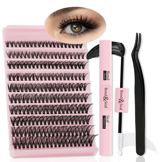 QUEWEL DIY Eyelash Extension Kit, 200pcs Lash Clusters Thin Band with Bond and Seal Strong-hold and Waterproof, Cluster Lashes Applicator, DIY Lash Extensions User Manual at Home (QD02-MIX8-18)