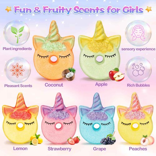 Bath Bombs for Girls,6 Packs Unicorn Donut Bubble Bath Bathbombs with Surprise Toys Inside, Bath Toys for Kids Age 4-8, Birthday Christmas Basket Stuffer Gifts for Girls 3 4 5 6 7 8
