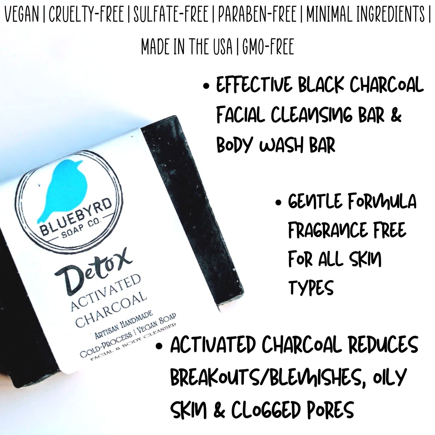 Bluebyrd Soap Detox Activated Charcoal Bar Soap | Natural Organic Black Soap Bar- Facial Cleanser, Acne, Blackheads, Eczema, Psoriasis, Sensitive Skin, Purify Oily Skin | Non-GMO, Vegan (Detox, BAR)