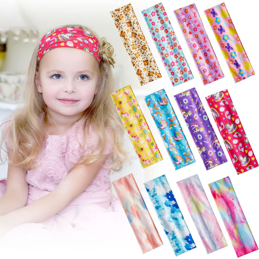 Juexica 12 Pieces Wide Headbands for Girls Cute Elastic Butterfly Unicorn Tie Dye Floral Hair Bands No Slip Soft Heart Stretch Headbands Princess Hair Accessories for Children Kids Sports Yoga
