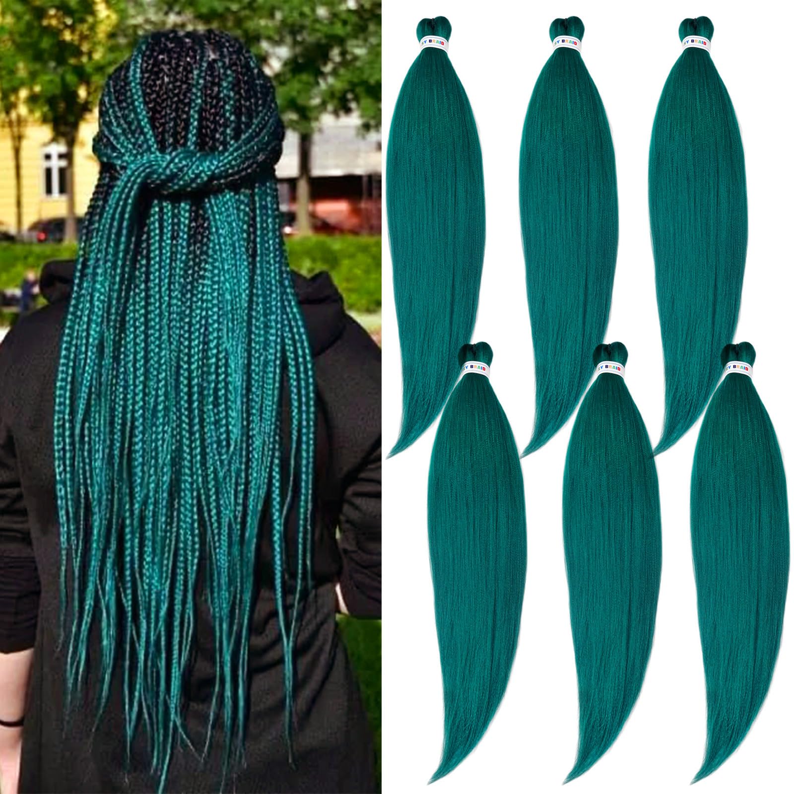 UPruyo Teal Green Braiding Hair Pre Stretched Prestretched Braiding Hair 26 Inch Kanekalo Braiding Hair Extensions for Braiding Box Braids Knotless Micro Jumbo Synthetic Braiding Hair 6 Packs