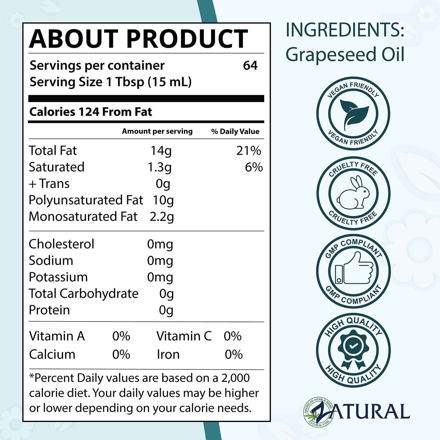 Zatural Grapeseed Oil Naturally Grown 100% Pure Cold Pressed Virgin High Tempurature Cooking Oil (32oz)