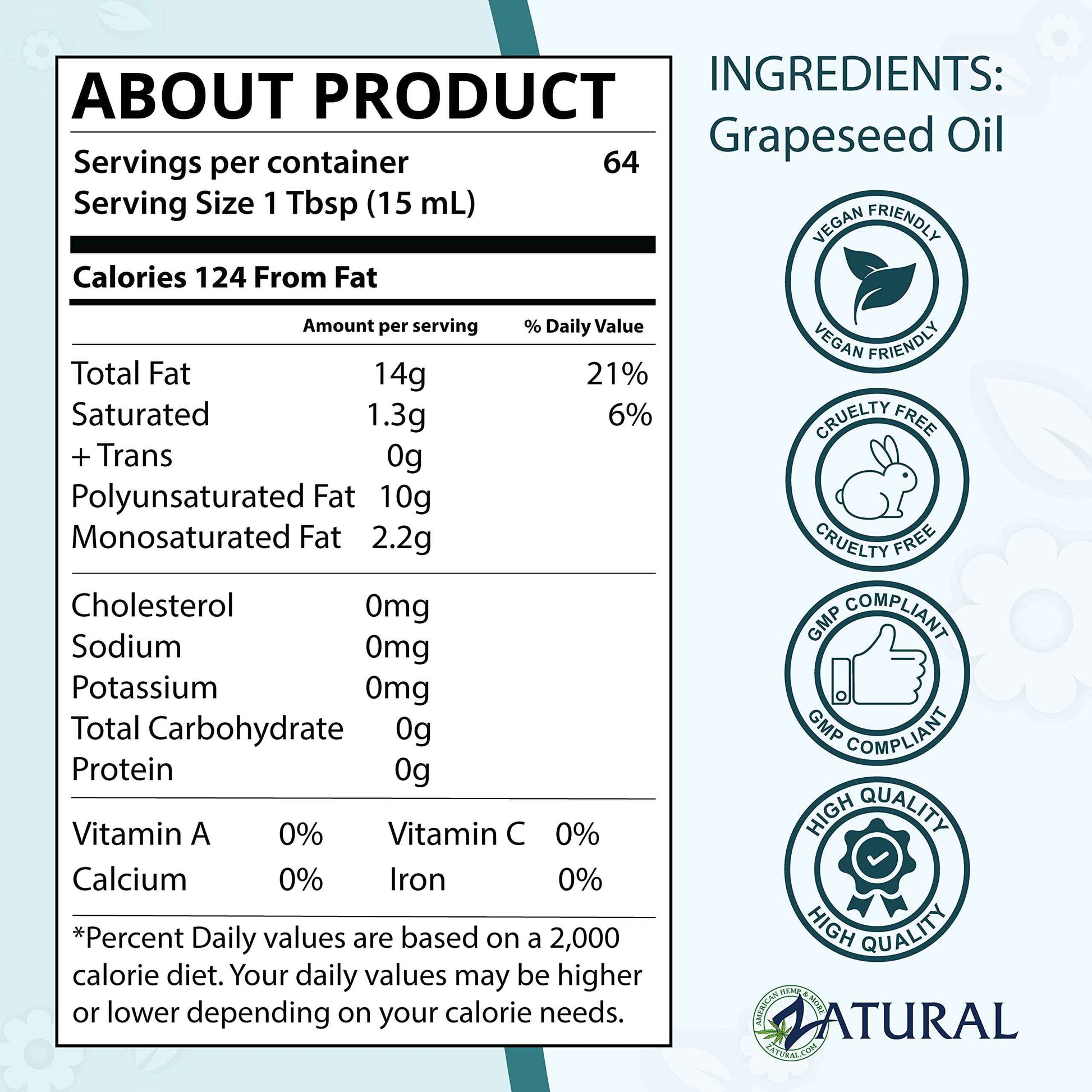 Zatural Grapeseed Oil Naturally Grown 100% Pure Cold Pressed Virgin High Tempurature Cooking Oil (32oz)