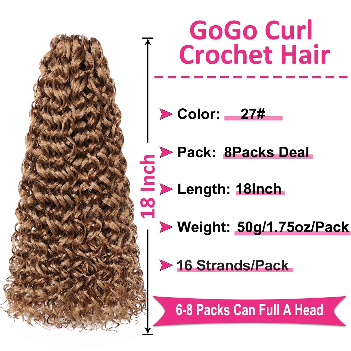 Unionbeauty GoGo Curl Crochet Hair 18 Inch Ocean Wave Crochet Braids 8 Packs Water Wave Crochet Hair Bohemian Beach Curl Crochet Braids Curly Crochet Hair Synthetic Curly Braiding Hair for Woman 27#