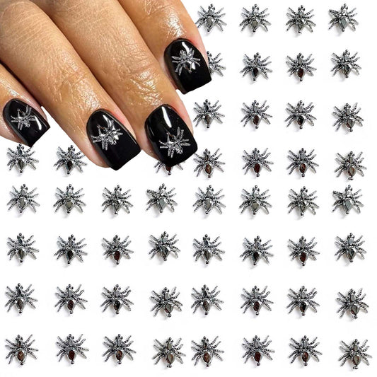 50Pcs Halloween Nail Charms Spider Nail Art Charms 3D Metallic Spider Nail Charms Spider Nail Jewelry Spider Nail Rhinestone Acrylic Nails DIY Nail Supplies for Women Halloween Decorations