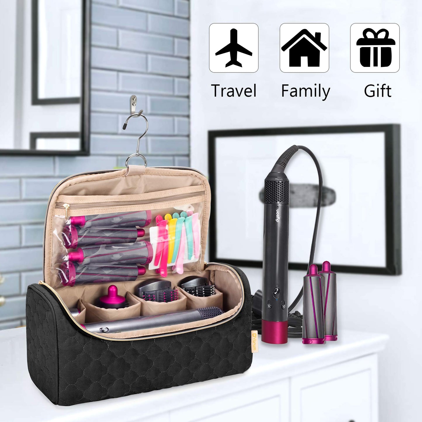 Yarwo Travel Case Compatible for Dyson Airwrap Complete Styler and Attachments, Portable Storage Bag with Hanging Hook for Hair Curler Accessories, Valentines Day Gifts for Her, Black (Patent Design)