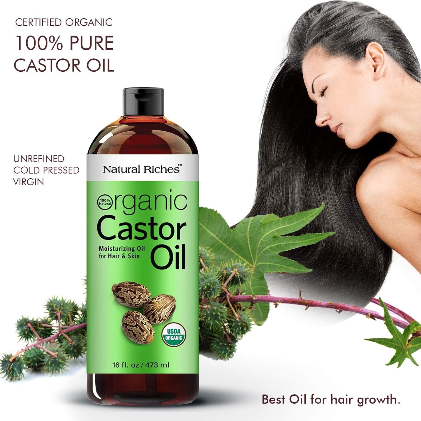 Natural Riches Organic Castor Oil - Cold Pressed and USDA Certified for Dry Skin and Hair - Moisturizes and Helps Growth for Eyelashes, Eyebrows and Hair - 16 fl. oz.