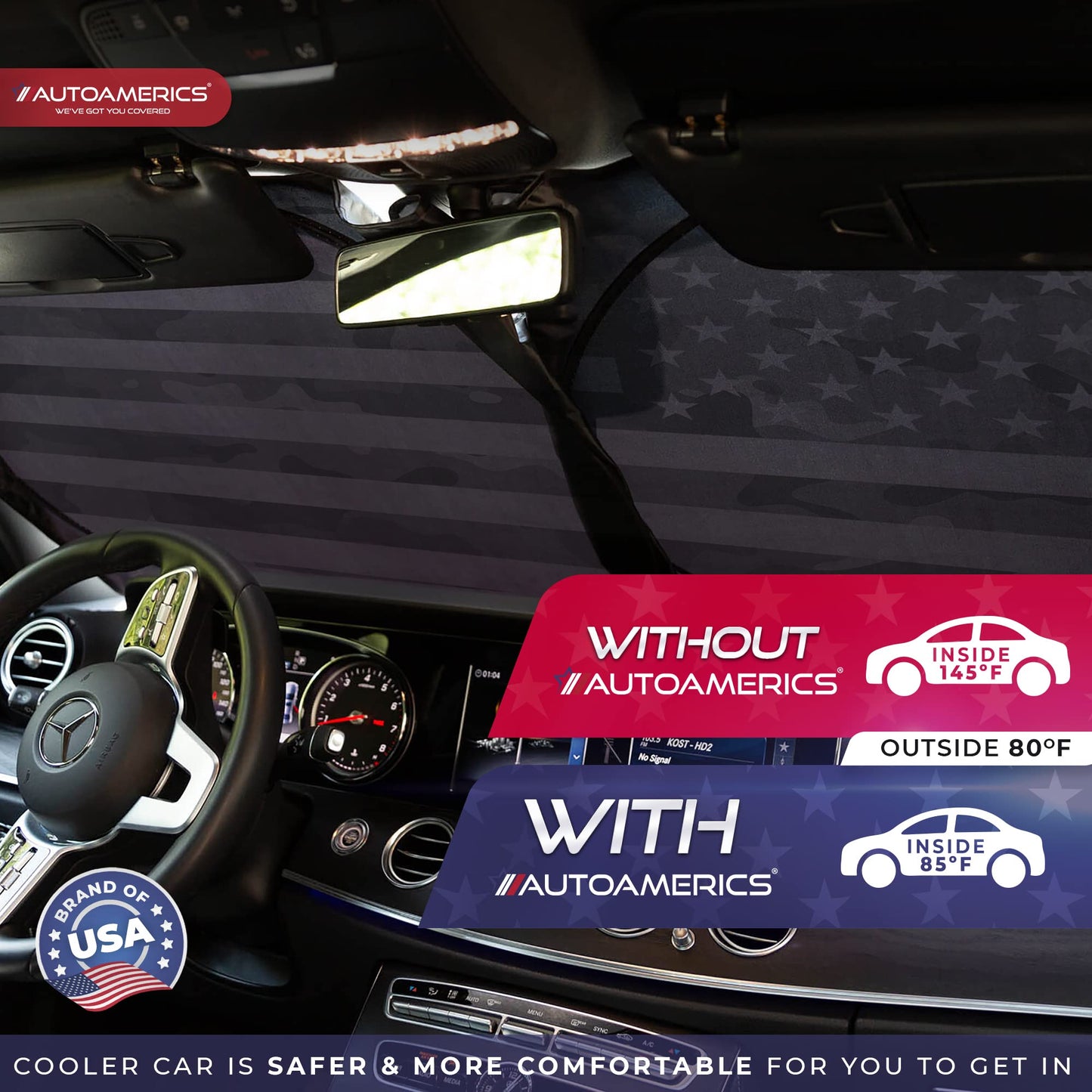 Autoamerics 1-Piece Windshield Sun Shade Gray Camo American Flag USA Design - Foldable Car Front Window Sunshade for Most Sedans SUV Truck - Blocks Max UV Rays and Keeps Your Vehicle Cool - Large