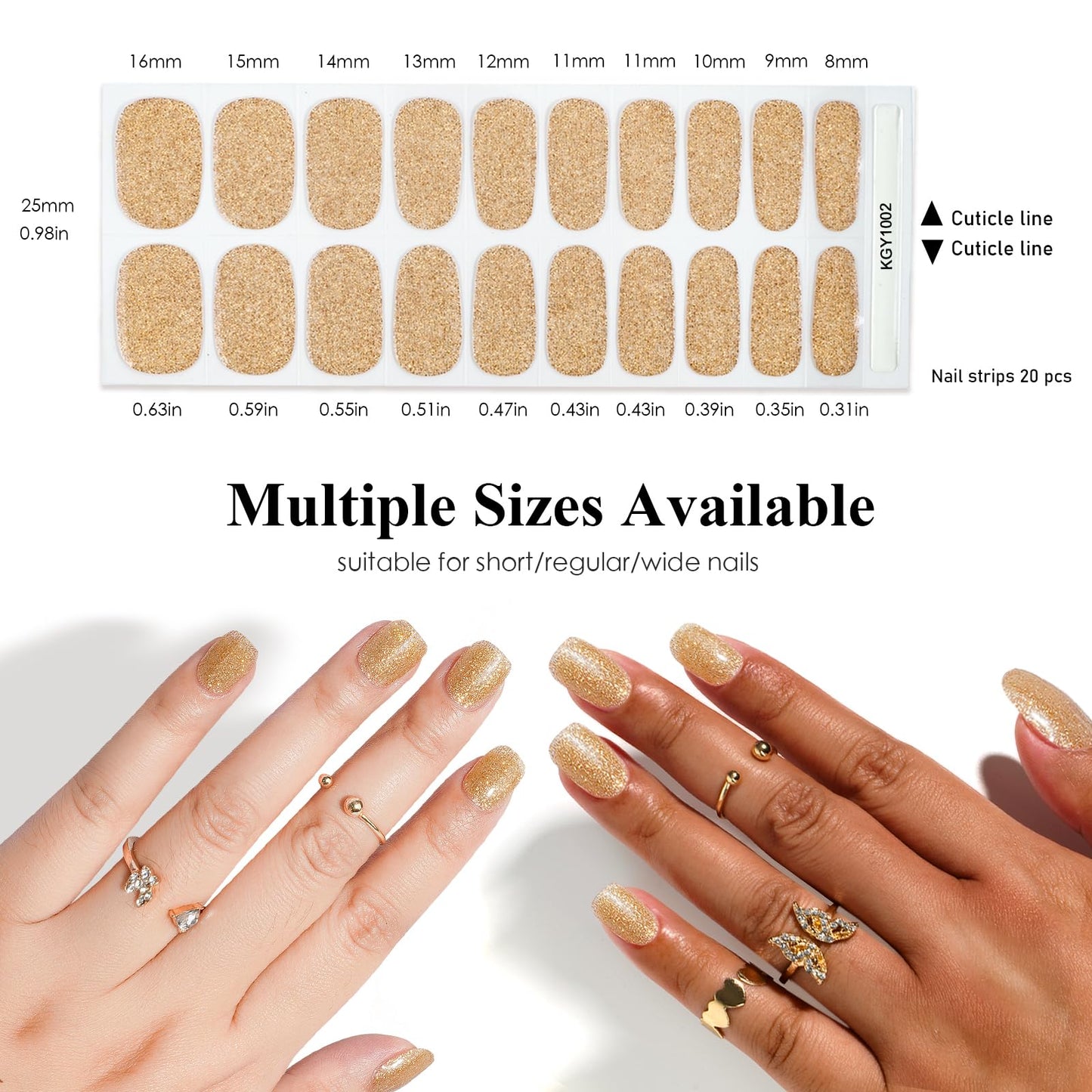 CANVALITE 20pcs Semi Cured Gel Nail Strips for Women,(Gold Glitter) UV Gel Nail Stickers Gel Nail Wraps for Home Nail DIY Salon-Quality Nail Wraps with 2 Prep Pad,Nail File,Scissor,Wooden Stick