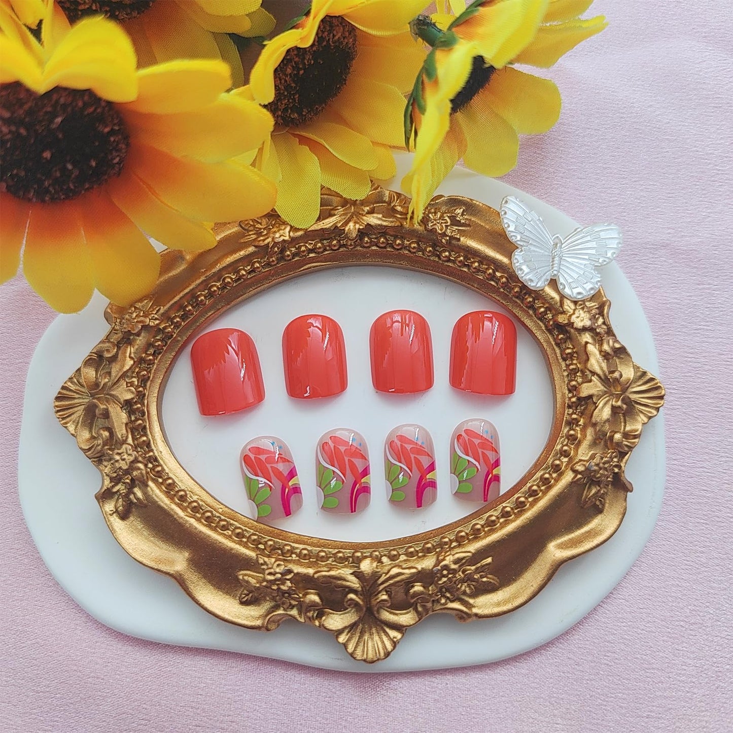 Summer Press on Nails Square False Nails with Colorful Flower Designs Short Fake Nails Orange Nails Press ons Cute Acrylic Nails Glossy Glue on Nails Artificial Stick on Nails for Women 24 Pcs