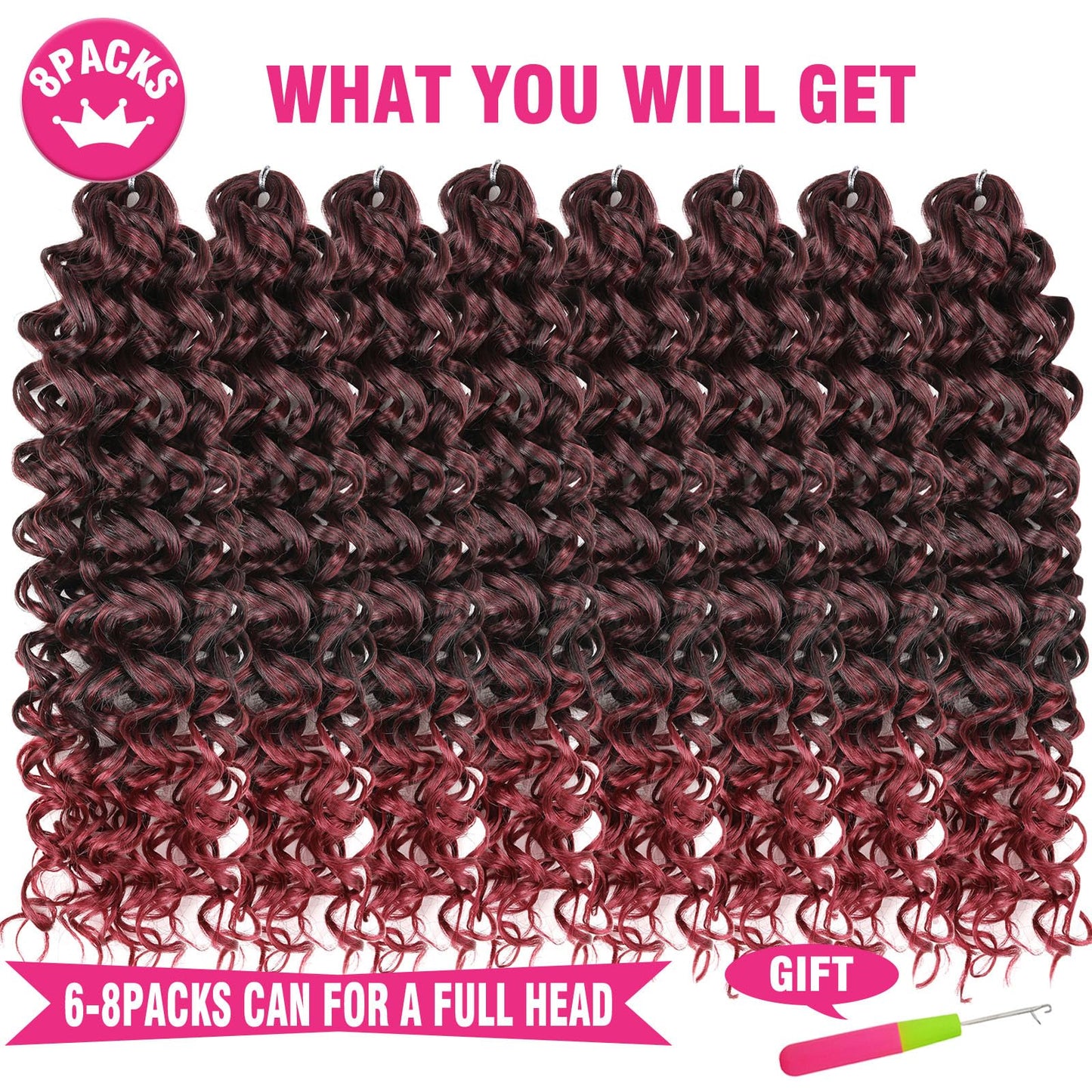 Unionbeauty 8 Packs GoGo Curl Crochet Hair 14 Inch Water Wave Crochet Braids for Black Woman Beach Curl Crochet Braids for Boho Box Braids Synthetic Ombre Burgundy Curly Braiding Hair Extension TBUG#