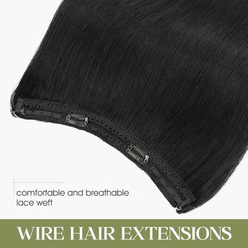 Charites Halo Hair Extensions Real Human Hair Invisible Wire Extensions with Transparent Fish Line Adjustable Size Jet Black 14 inch