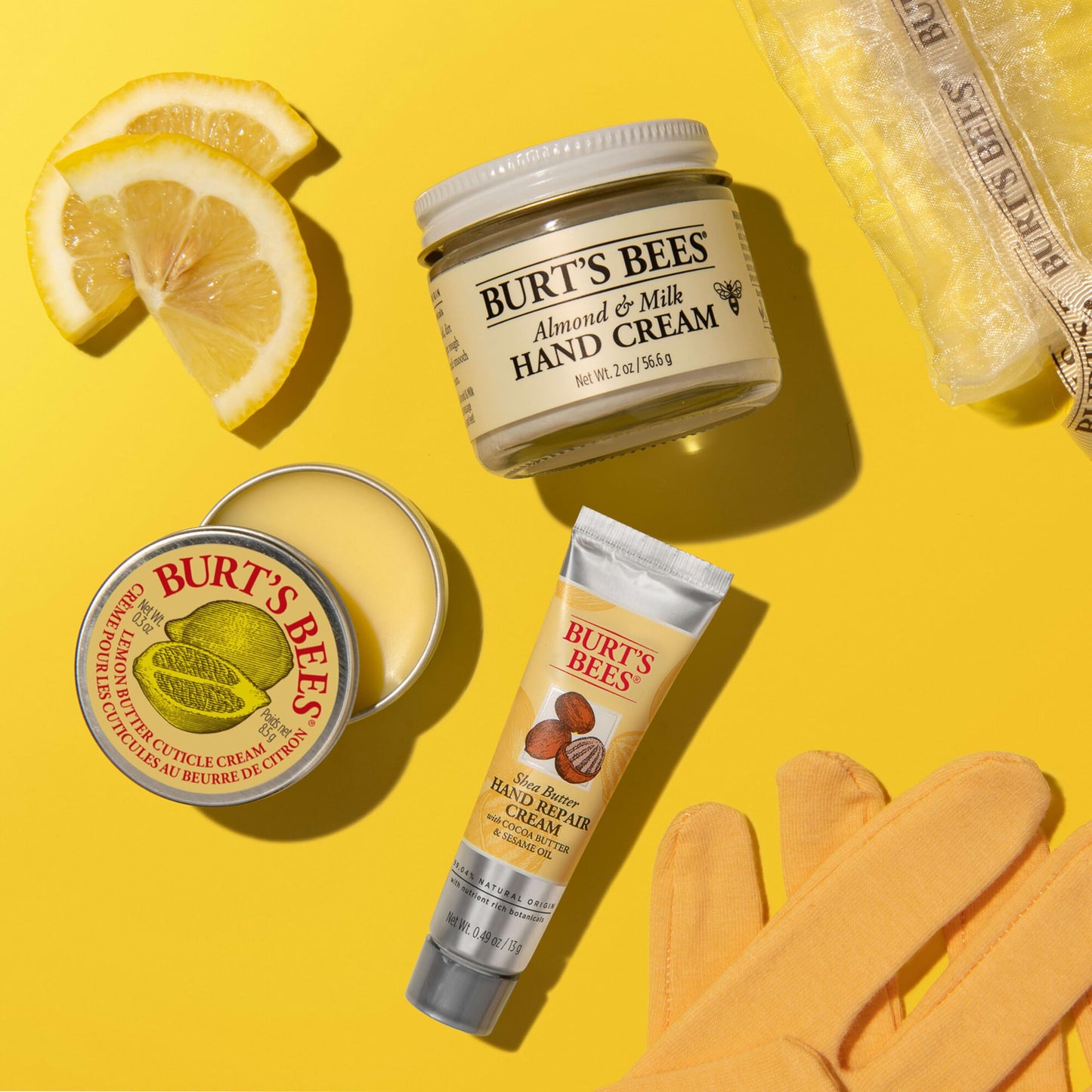 Burt's Bees Gifts Ideas - Hand Repair Set, 3 Hand Creams plus Gloves - Almond Milk Hand Cream, Lemon Butter Cuticle Cream, Shea Butter Hand Repair Cream