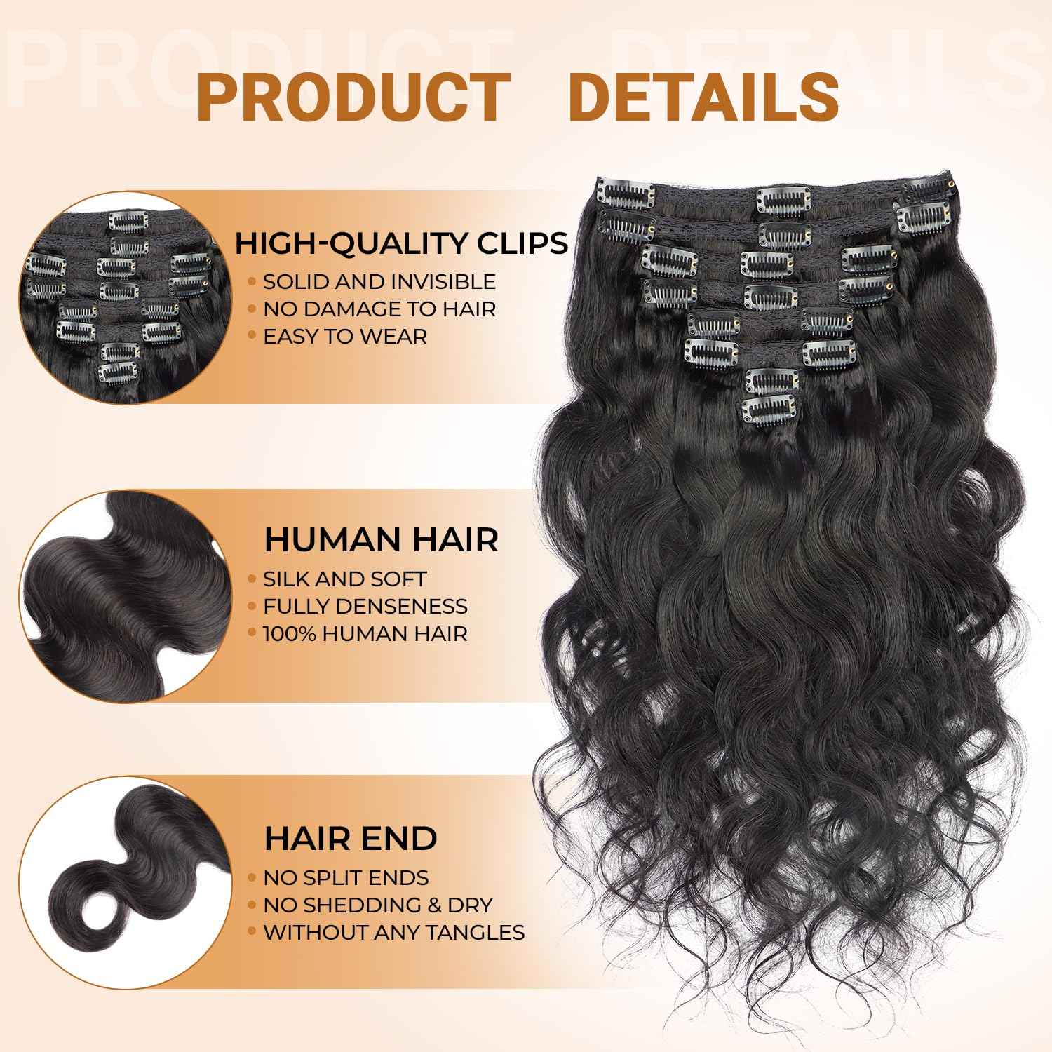 Clip in Hair Extensions Real Human Hair Extensions Clip Ins 95 Gram Body Wave 18 Inch 8Pcs Natural Black 100% Human Hair Extensions 18 Clips