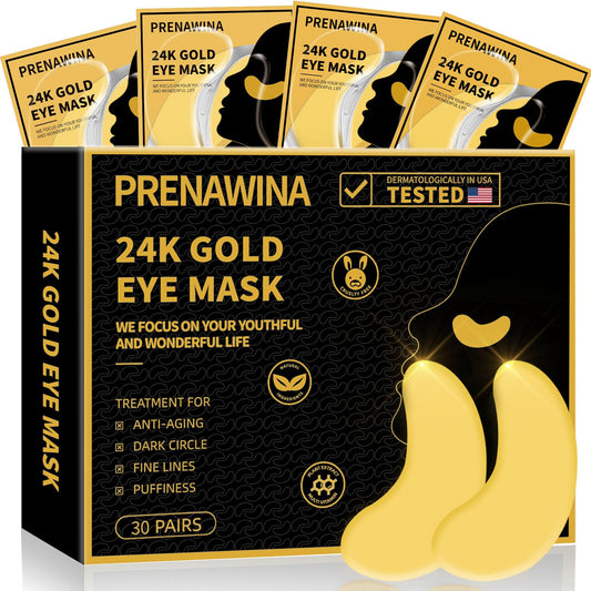 Under Eye Patches for Puffy Eyes Treatment 30 Pairs, 24K Gold Under Eye Masks for Dark Circles and Puffiness, Eye Gel Pads w/Collagen, Sodium Hyaluronate, Rose Essence for Eye Bags Treatment