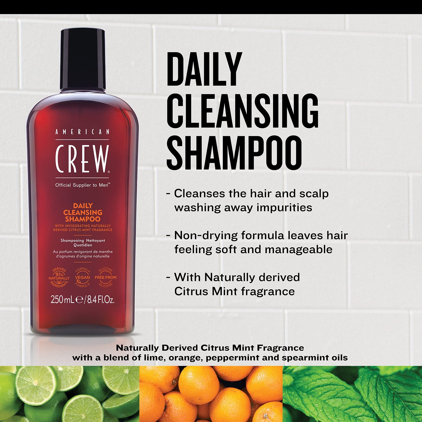 American Crew Shampoo for Men, Daily Cleanser, Naturally Derived, Vegan Formula, Citrus Mint Fragrance, 8.45 Fl Oz